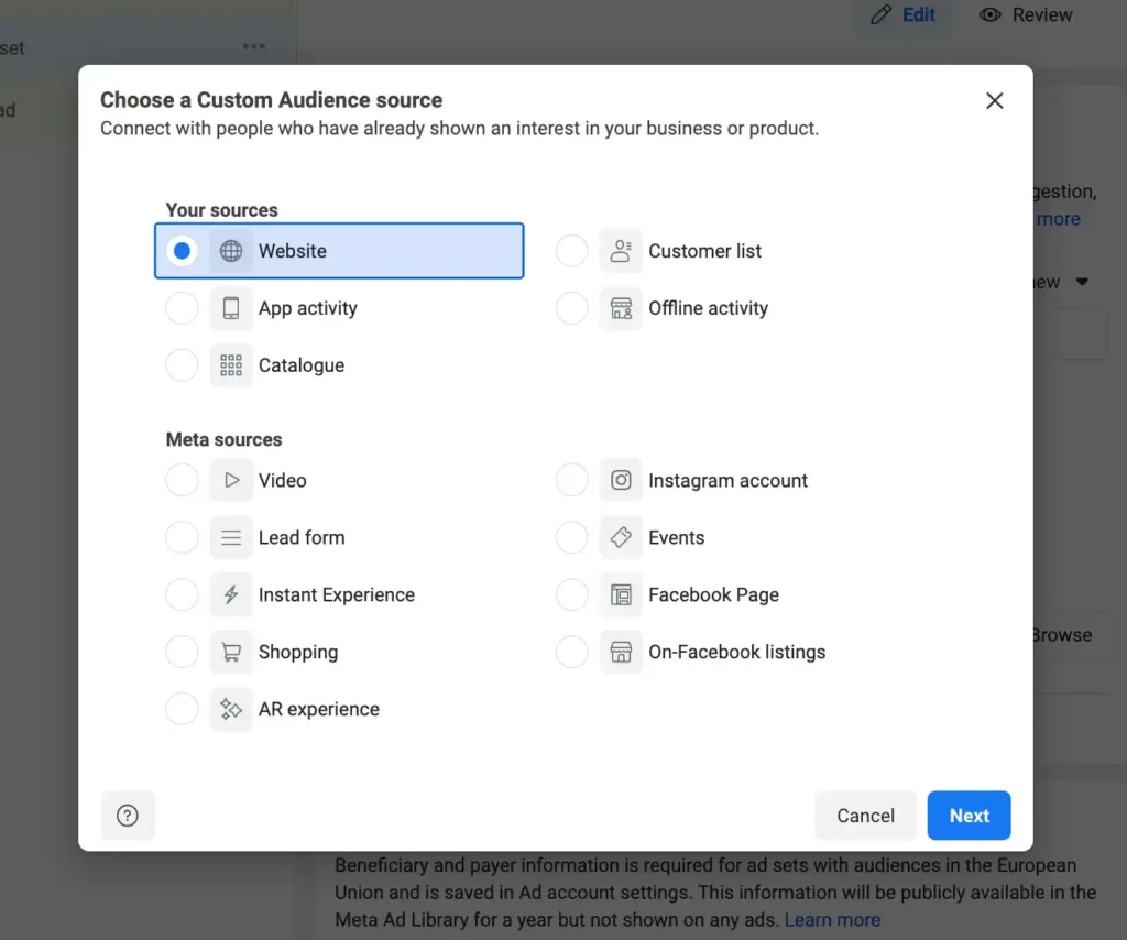 facebook ads custom audience source screenshot